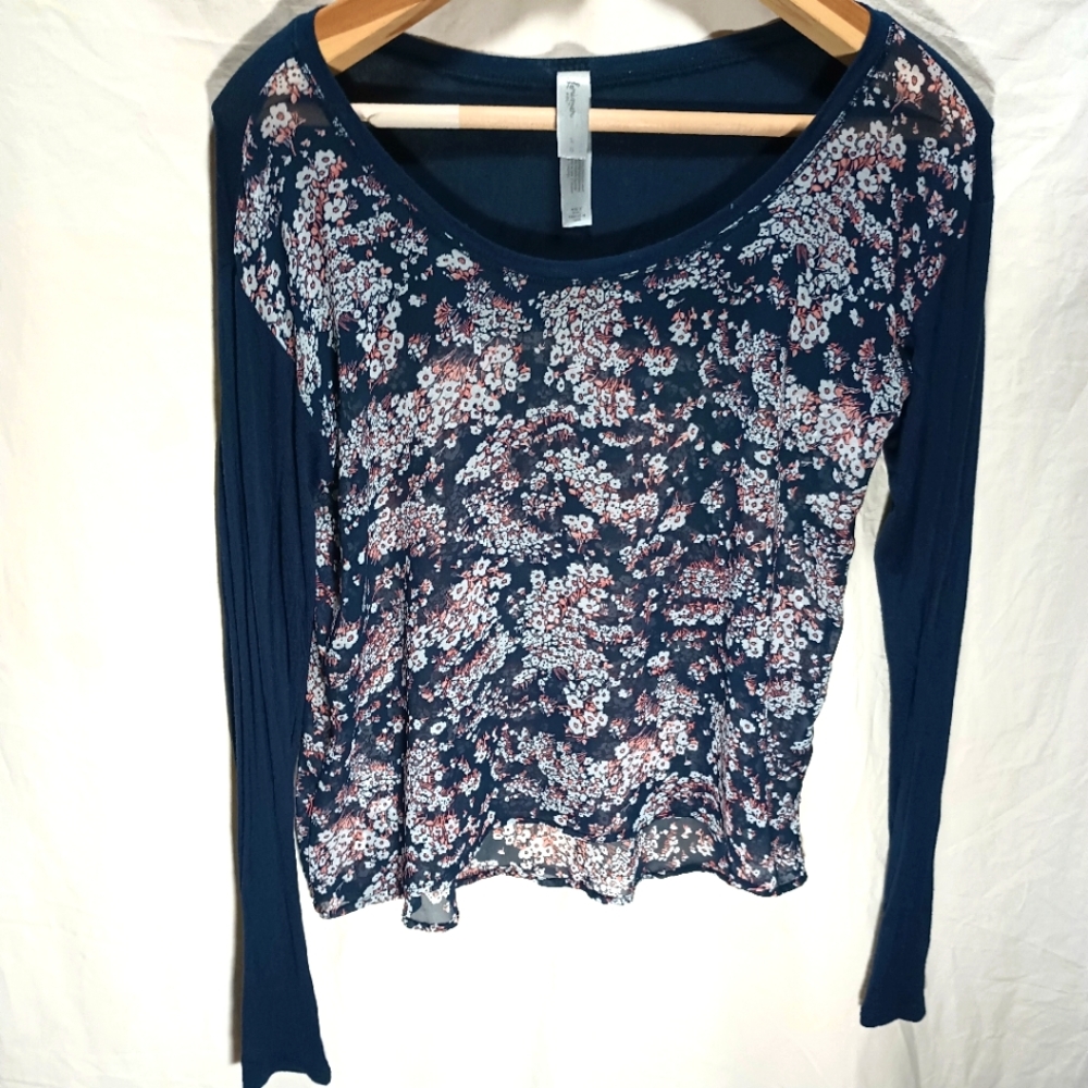 Navy Blue and Floral Long Sleeve shirt. Floral part is sheer. Size large.